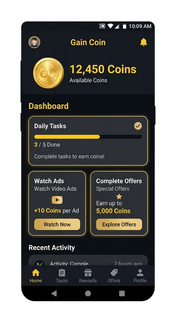 Gain Coin home screen showing coin balance and daily tasks