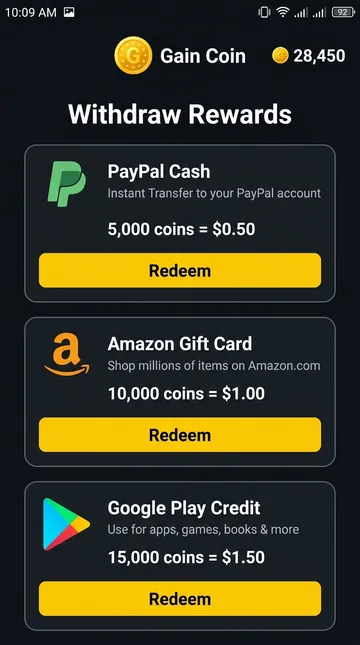 Gain Coin withdraw rewards screen showing PayPal and gift card options
