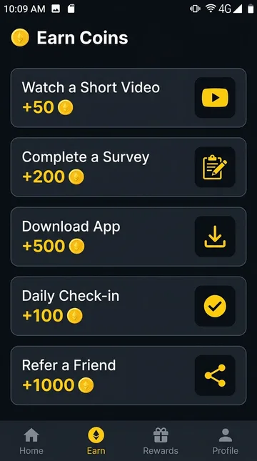 Gain Coin earn tasks screen showing ways to earn coins